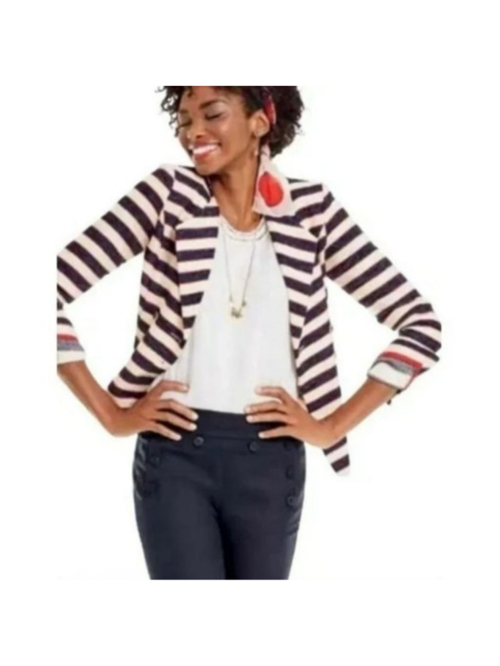 CABI Cruise Striped Blazer Jacket Size 8 Navy White Red Double Breasted